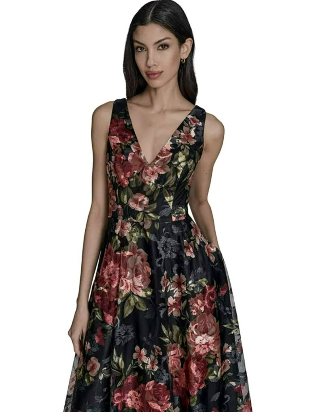 Eliza J Black Floral Fit & Flare Midi Dress Size 2 New - Picture 4 of 9